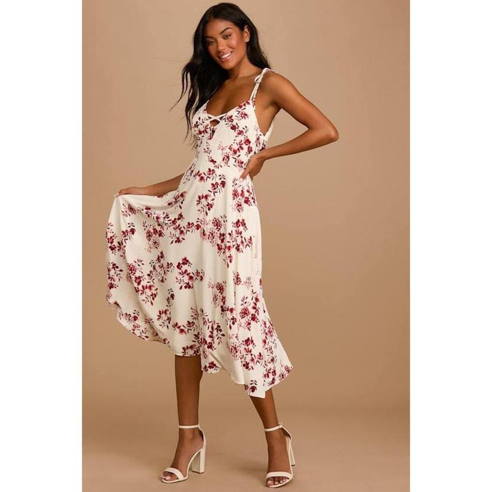 Lulus Visions Of Elegance White Floral Print Tie-strap Midi Dress - Size S